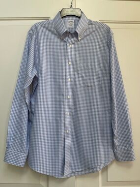 Brooks Brothers Men’s White Blue Plaid Pocket Long Sleeve Button Down Shirt